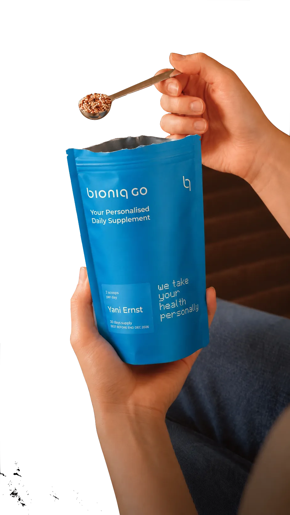 Hand holding a personalised bioniq Go pouch