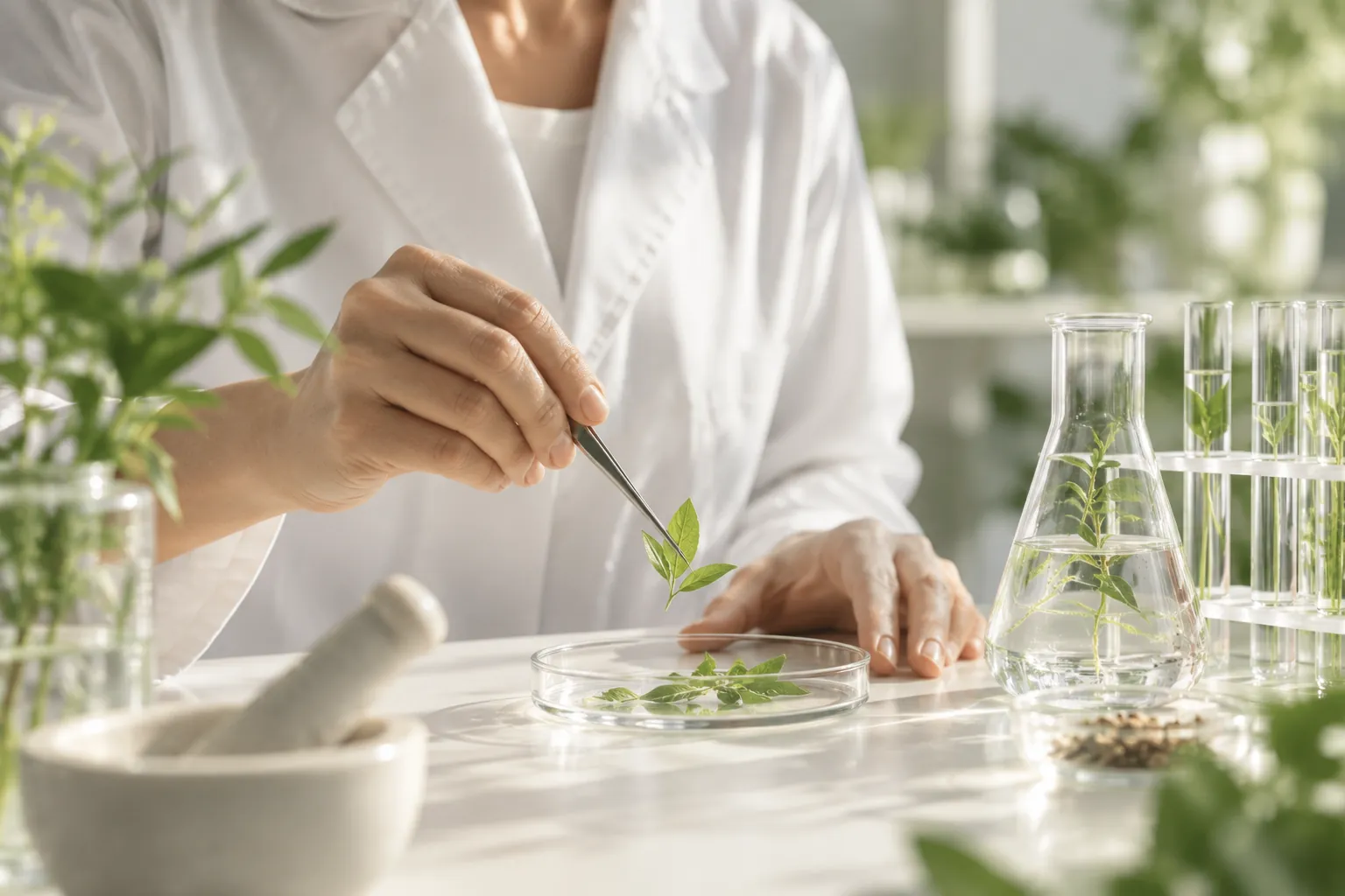 Bioniq clinician studying plant compounds in a Swiss lab